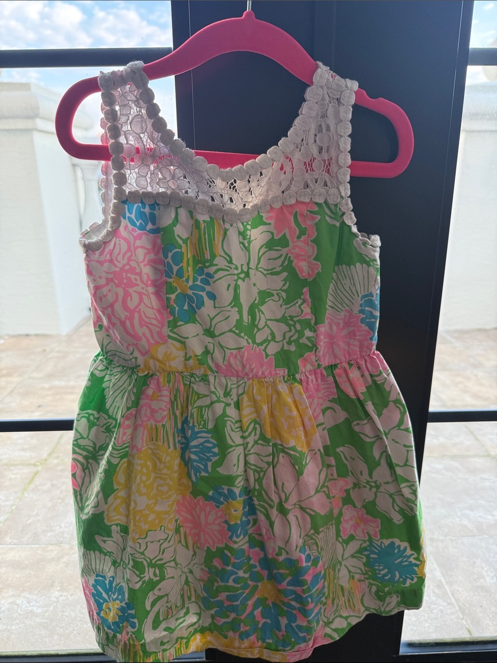 Girls Floral Sundress with Crochet Yoke - Green, Pink, Yellow, Blue
